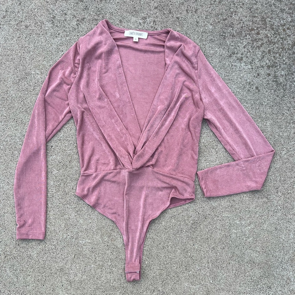 Chikita Bananas Bodysuit Wrap Long Sleeve Pink Spandex Small‎ Party Streetwear